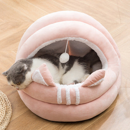 Cat Bed House Cave Hooded with dangling cat toy ball - A yellow - by Famigift