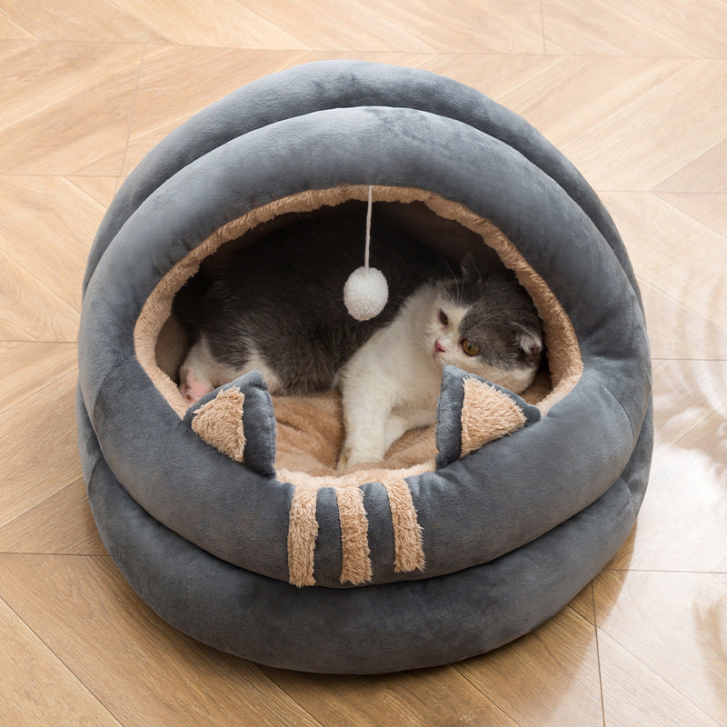 Cat Bed House Cave Hooded with dangling cat toy ball - A grey - by Famigift