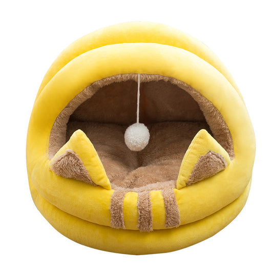 Cat Bed House Cave Hooded with dangling cat toy ball - A yellow - by Famigift