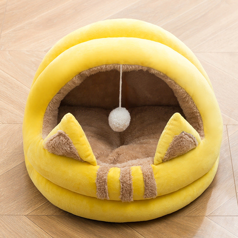 Cat Bed House Cave Hooded with dangling cat toy ball - A grey - by Famigift