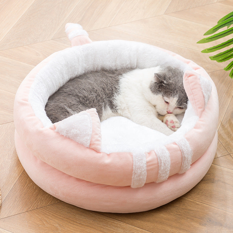 Cat Bed House Cave Hooded with dangling cat toy ball - A grey - by Famigift