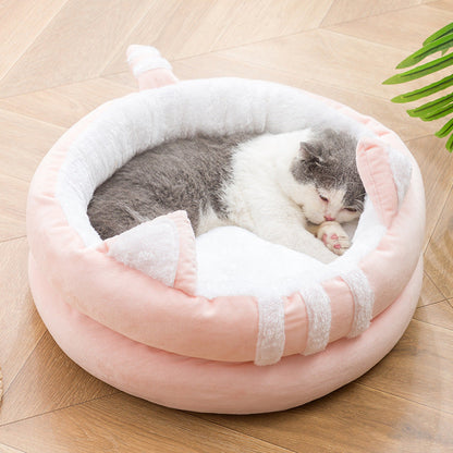 Cat Bed House Cave Hooded with dangling cat toy ball - A grey - by Famigift