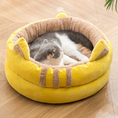 Cat Bed House Cave Hooded with dangling cat toy ball - A yellow - by Famigift