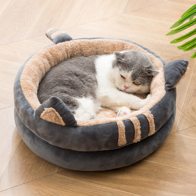 Cat Bed House Cave Hooded with dangling cat toy ball - A pink - by Famigift