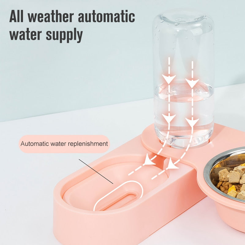 Automatic Pet Feeder Water Dispenser 2 In 1 Rotatable Drinking Food Bowl - pink - by Famigift
