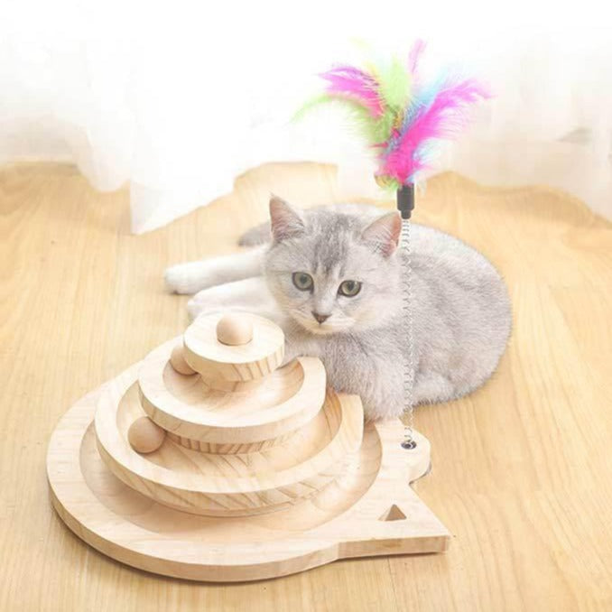 Wooden Pet Cats Toys Loop Track with Wooden Balls Three-layer Scraper Board - L - by Famigift