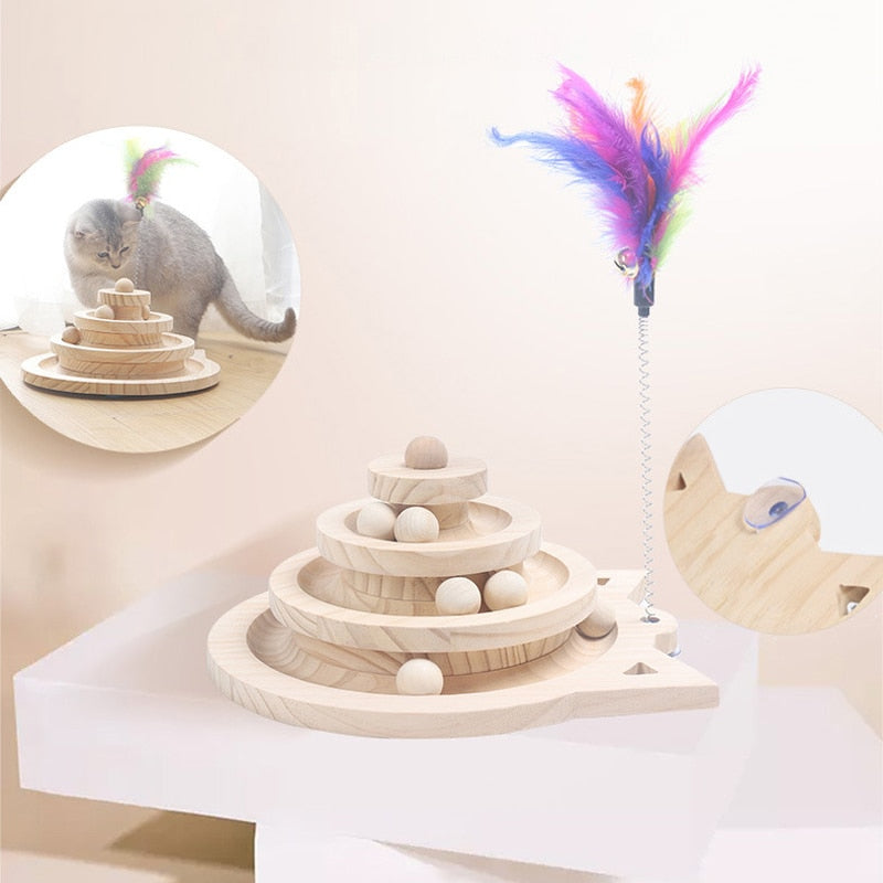 Wooden Pet Cats Toys Loop Track with Wooden Balls Three-layer Scraper Board - by Famigift