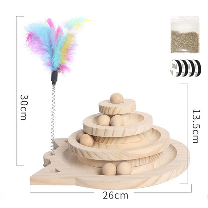 Wooden Pet Cats Toys Loop Track with Wooden Balls Three-layer Scraper Board - by Famigift
