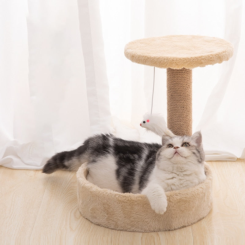Cat scratcher sisal rope furniture climbing tree post wooden tree house - Gold - by Famigift