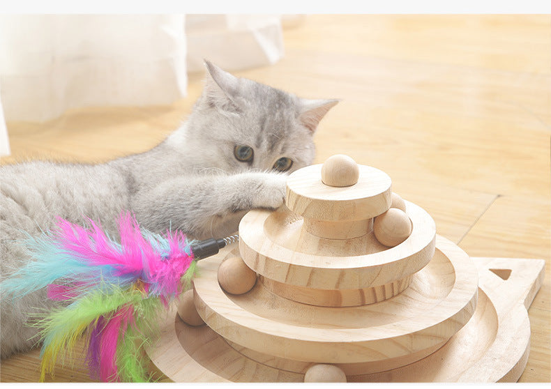 Wooden Pet Cats Toys Loop Track with Wooden Balls Three-layer Scraper Board - by Famigift