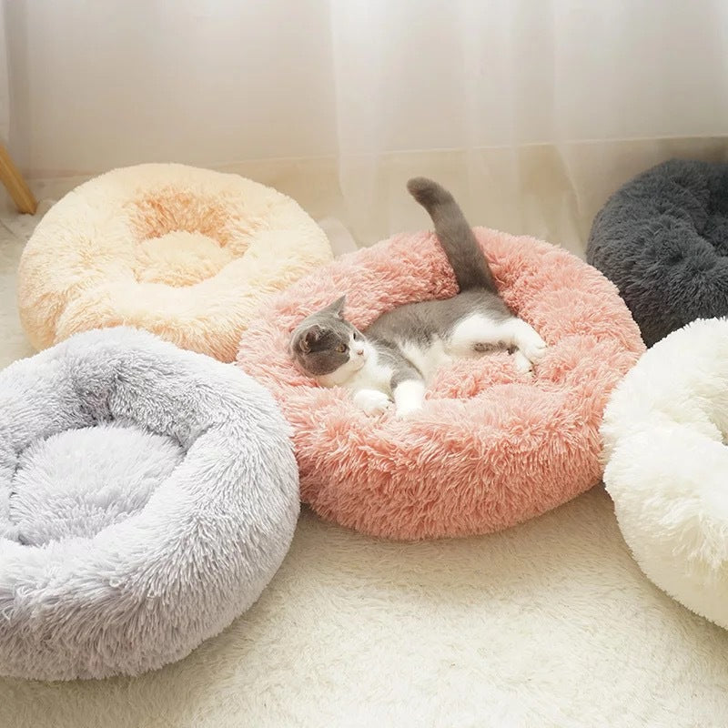 Fuzzy Nest Calming Bed Anti Anxiety Long Plush Pet Bed - beige - by Famigift