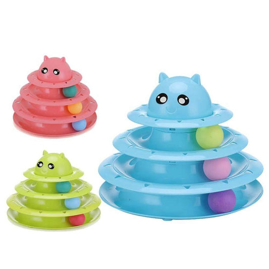 Cat Toy Colorful 3 Level Tower Track Roller Toy with Balls - Blue - by Famigift