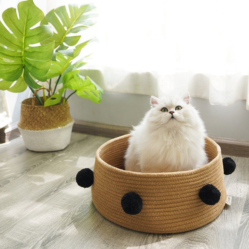 Home Cotton with velvet Universal Round Cat Bed Basket Nest Cotton Rope - Beige 2 - by Famigift