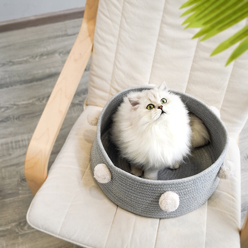 Home Cotton with velvet Universal Round Cat Bed Basket Nest Cotton Rope - Pink - white - by Famigift