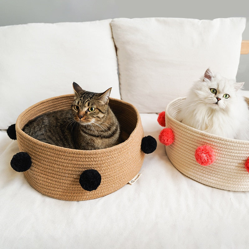 Home Cotton with velvet Universal Round Cat Bed Basket Nest Cotton Rope - Gray - white - by Famigift