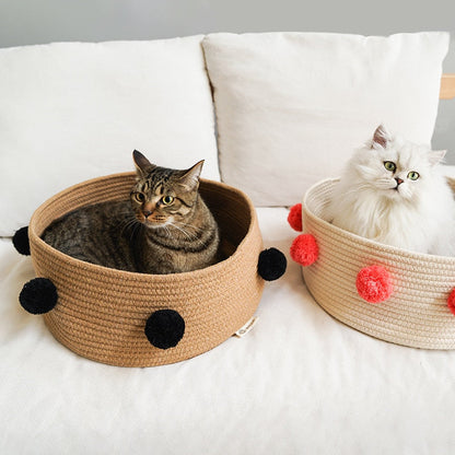 Home Cotton with velvet Universal Round Cat Bed Basket Nest Cotton Rope - Gray - white - by Famigift