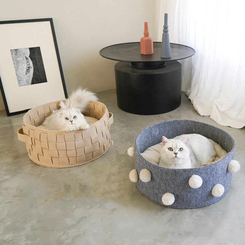 Home Cotton with velvet Universal Round Cat Bed Basket Nest Cotton Rope Woven - A - by Famigift