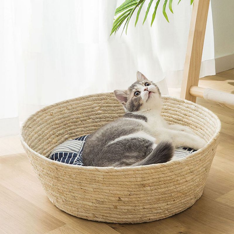 Cat Bed Rattan Four-season Universal Cat Bed Woven Cat Bed - With cushion - by Famigift