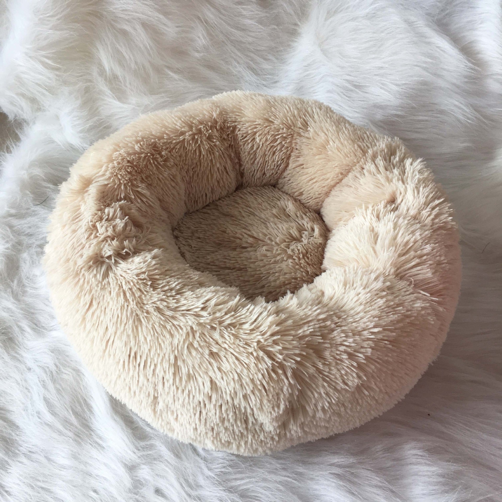 Fuzzy Nest Calming Bed Anti Anxiety Long Plush Pet Bed - dark khaki - by Famigift