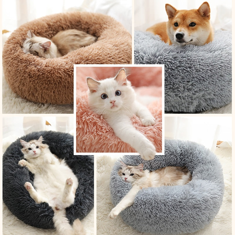 Fuzzy Nest Calming Bed Anti Anxiety Long Plush Pet Bed - beige - by Famigift