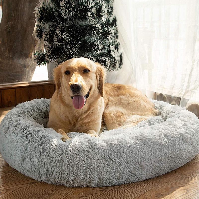 Fuzzy Nest Calming Bed Anti Anxiety Long Plush Pet Bed - beige - by Famigift