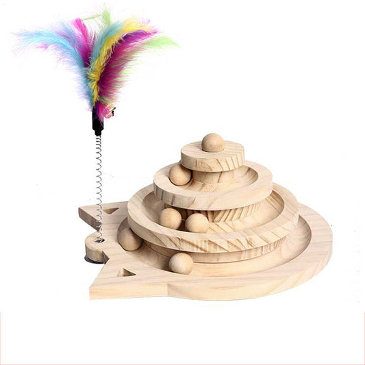 Wooden Pet Cats Toys Loop Track with Wooden Balls Three-layer Scraper Board - S - by Famigift