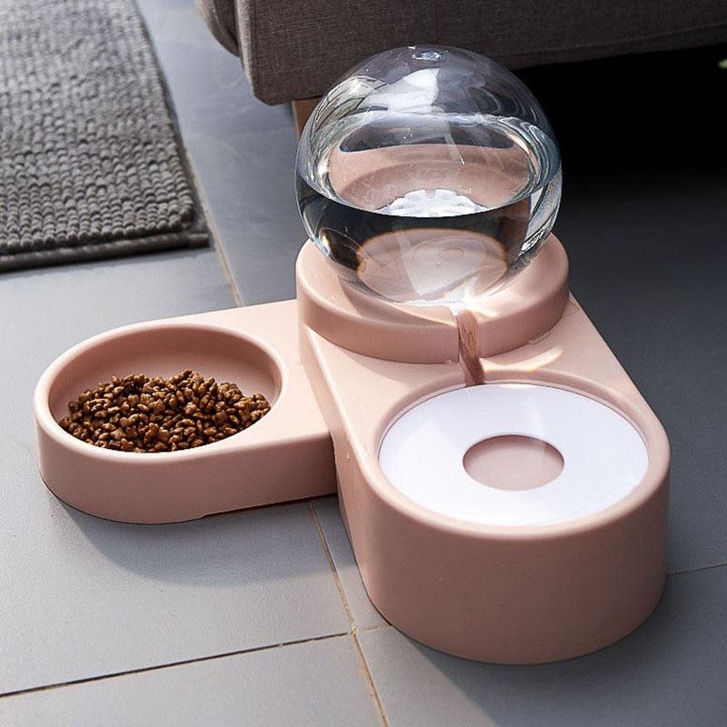 Pet Dog Cat Bowl Fountain Automatic Food Water Feeder Container Dispenser - Pink stainless steel - by Famigift