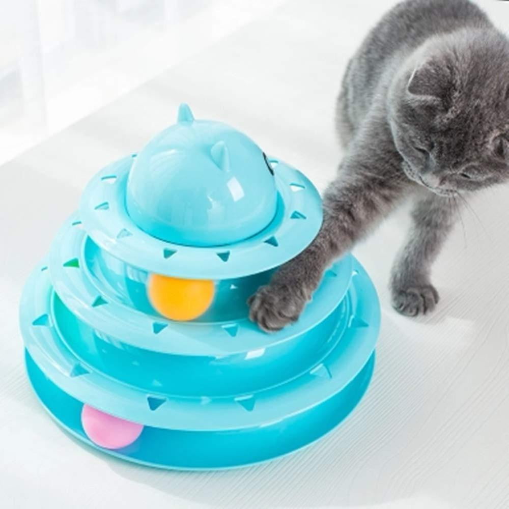 Cat Toy Colorful 3 Level Tower Track Roller Toy with Balls - Green - by Famigift