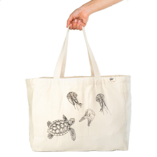 Canvas Tote Bag - Large With Compartments - Polar Bear's Catch - by Famigift