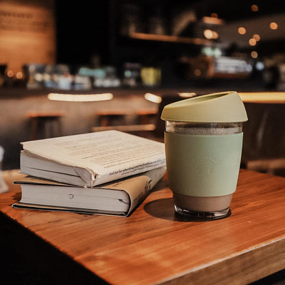 Glass Coffee Mug - With Silicone Lid & Sleeve - Blue Oasis - by Famigift