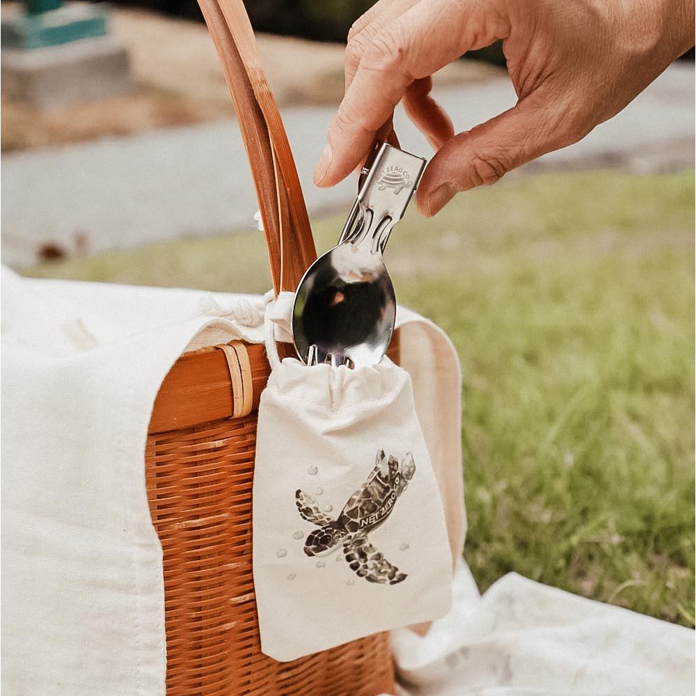 Stainless Steel Folding Spork - With Cotton Pouch - by Famigift