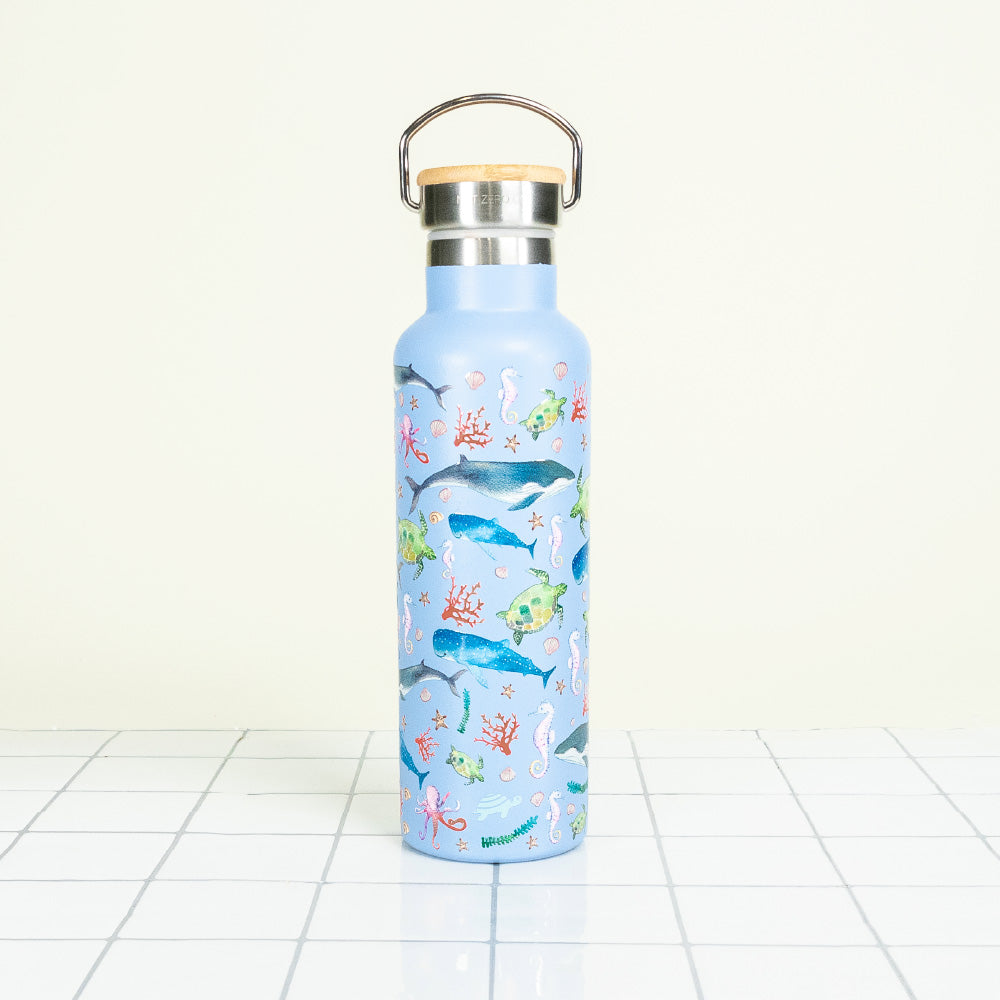 Double Wall Insulated Water Bottle - With Handle & Bamboo Lid - Blue Marine - by Famigift