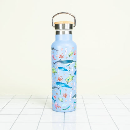 Double Wall Insulated Water Bottle - With Handle & Bamboo Lid - Blue Marine - by Famigift