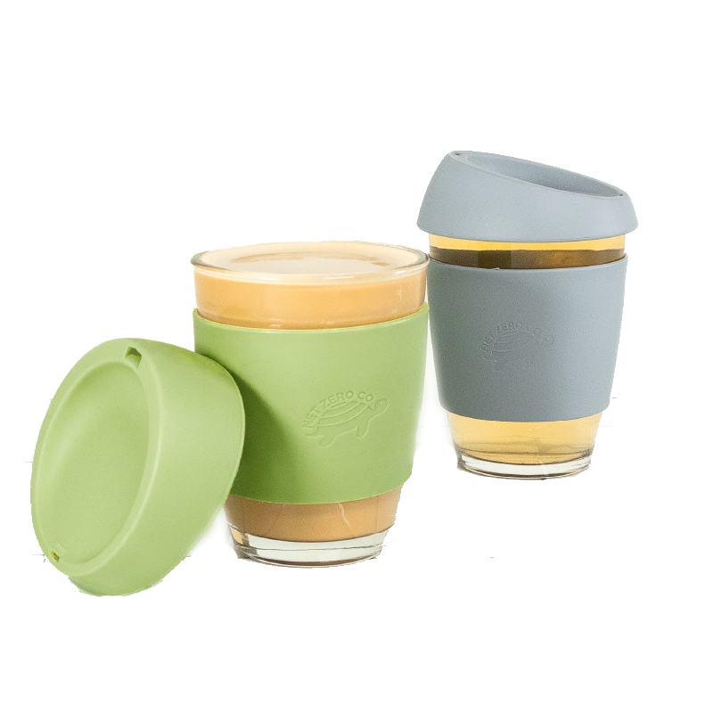 Glass Coffee Mug - With Silicone Lid & Sleeve - Gray Pebbles - by Famigift