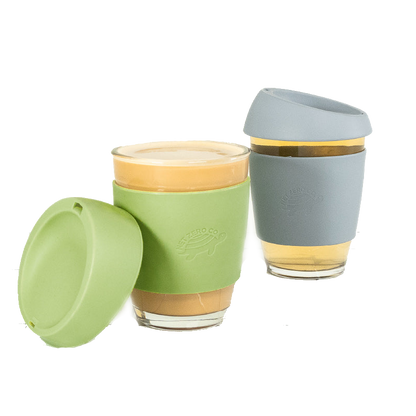 Glass Coffee Mug - With Silicone Lid & Sleeve - Gray Pebbles - by Famigift