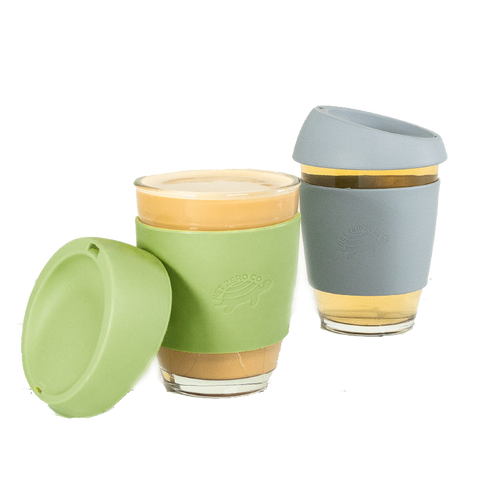 Glass Coffee Mug - With Silicone Lid & Sleeve - Gray Pebbles - by Famigift