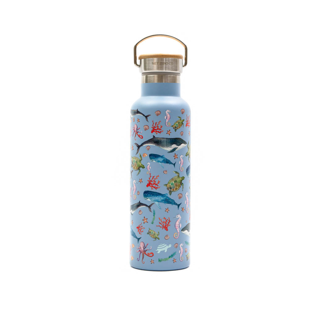 Double Wall Insulated Water Bottle - With Handle & Bamboo Lid - Gray Waves - by Famigift